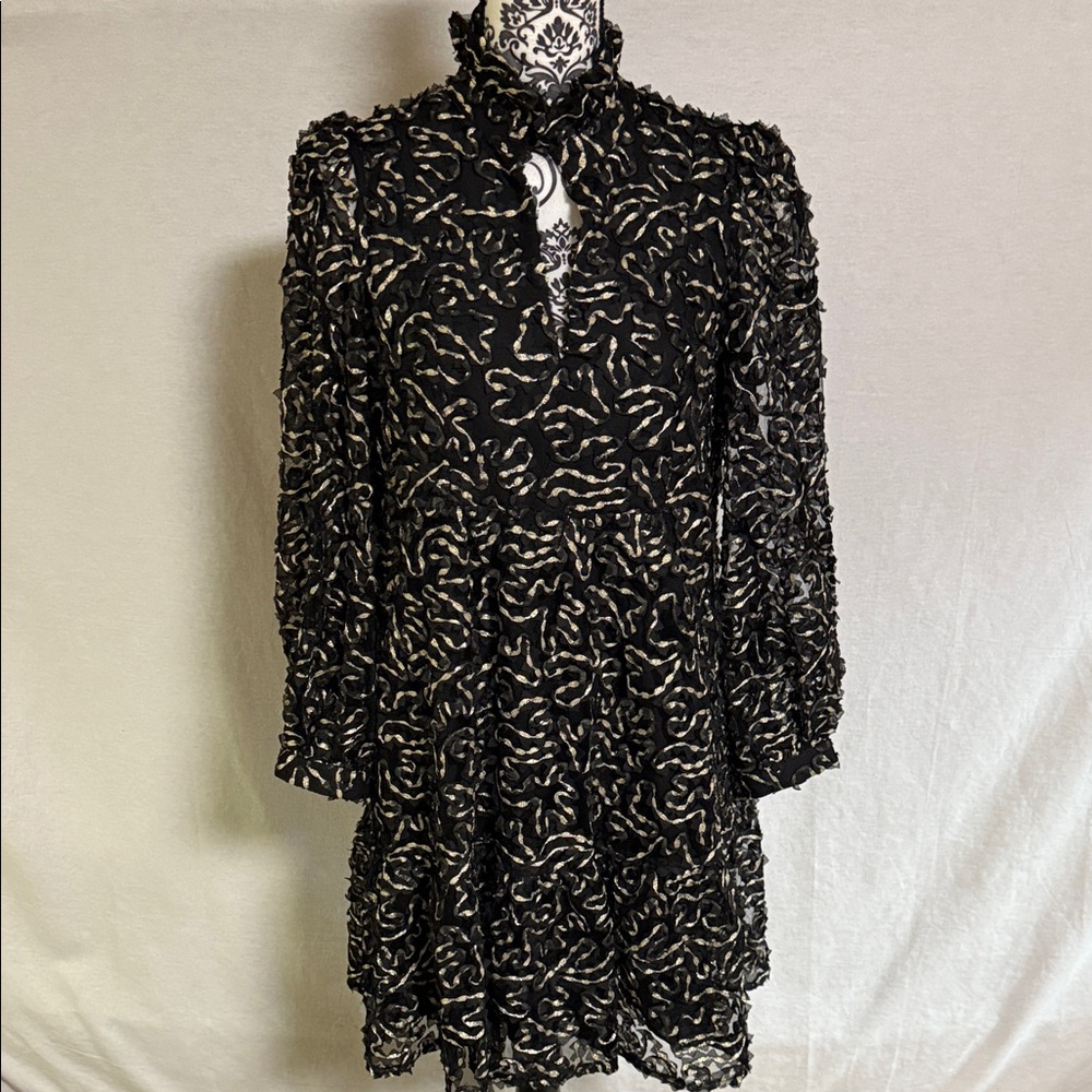 Tuckernuck Nightly Organza Palmerston Black and Gold Metallic Mini Dress Medium
